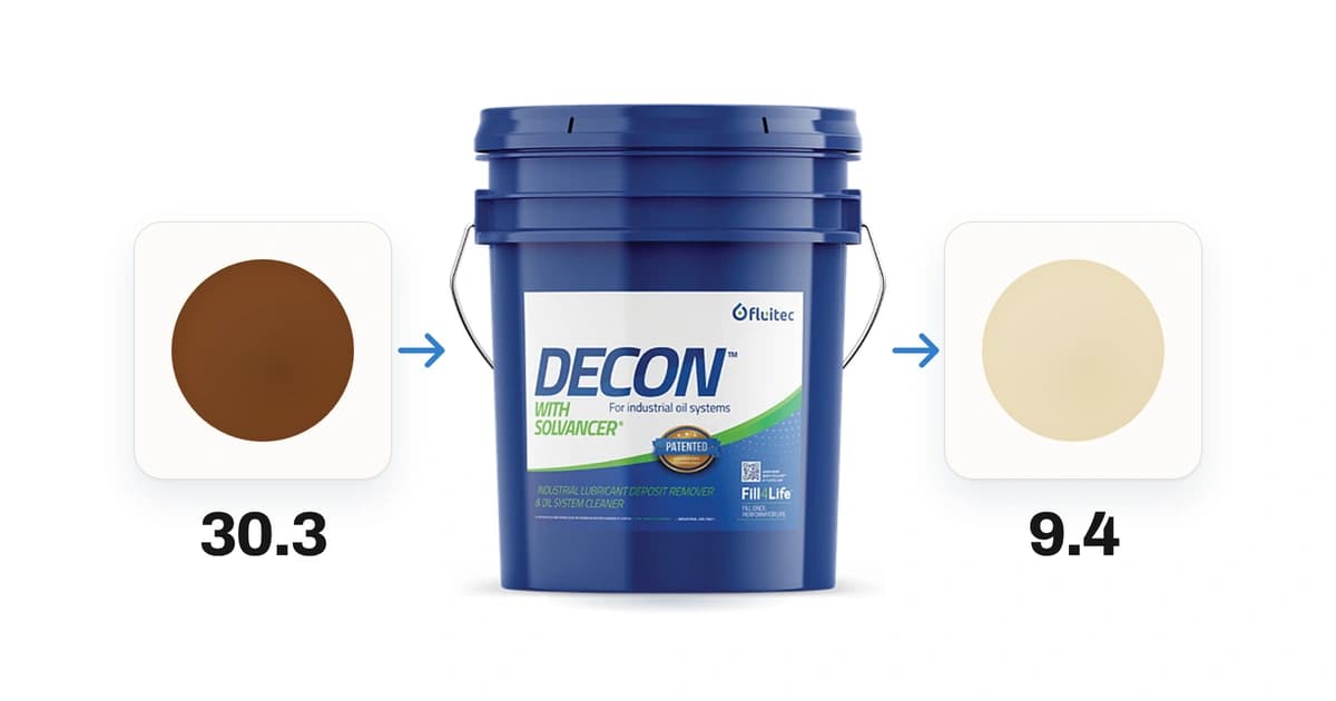 DECON™ pail between MPC patches showing a varnish-potential reduction from 30.3 to 9.4