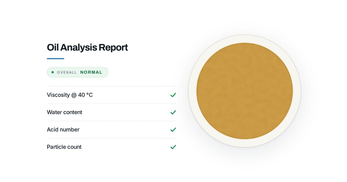 Turbine oil report with routine test results beside an MPC varnish patch and antioxidant trend