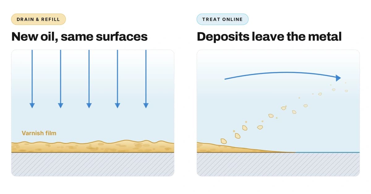 Industrial turbine oil treatment used to remove varnish deposits and restore antioxidants